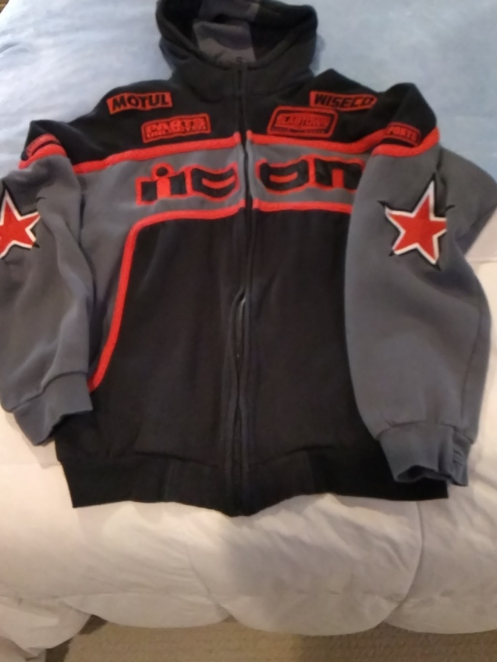 ICON Black & Gray Hooded Zip Jacket with Red Accents L